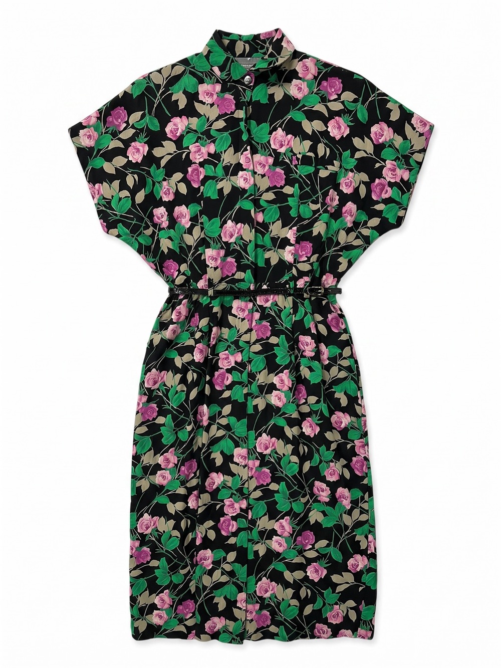 Vintage 1980s Dress Code Floral Midi Dress Women’s M Patent Belt Dolman Sleeve